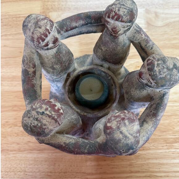 Vintage Large Aztec Mayan Circle of Friends 5 People Candle Holder Clay Pottery - Picture 1 of 3